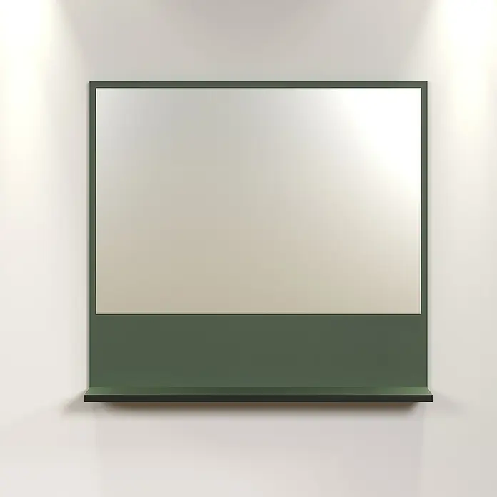 Trendteam Niklas Ablagespiegel - 80 x 14 x 74 cm, Grün - Das Bild zeigt eine moderne grüne Anrichte mit einer weißen Fläche, die von zwei Strahlern beleuchtet wird. Die Anrichte hat ein minimalistisches Design.