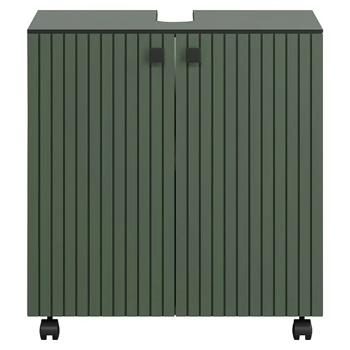 Trendteam Niklas Waschtischunterschrank - B x T x H: 60 x 42 x 64 cm, Grün, Strukturiert - Olivgrüner zweitüriger gerippter Schrank mit schwarzen Griffen und Rollen, mit Aussparung oben.