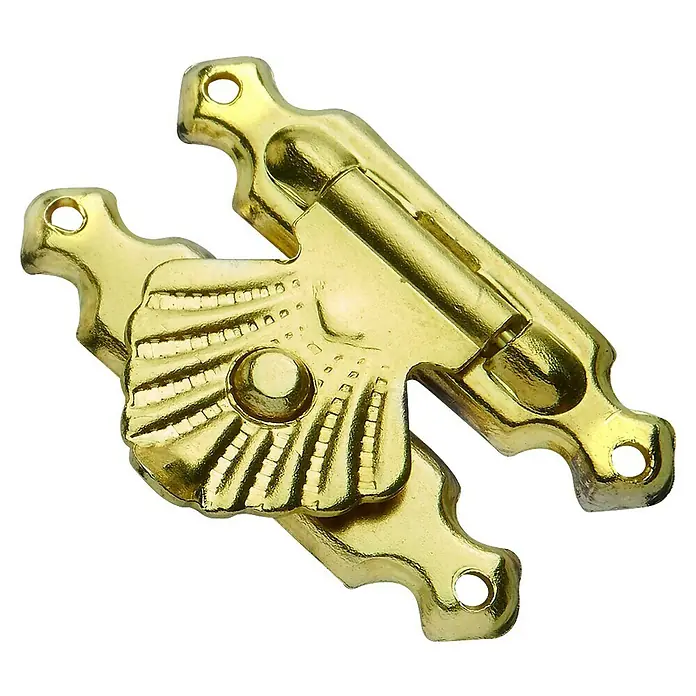 Hettich Kistenverschluss - L x B: 18 x 25,5 mm, Vermessingt - Goldener Kastenverschluss mit dekorativem Muscheldesign, ideal für Schmuckkästchen oder kleine Holzkisten, robust und elegant.