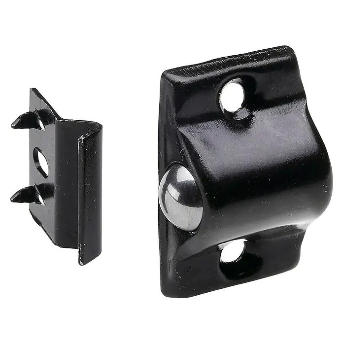 Hettich Kugelschnapper - Stahl, Schwarz - Schwarzes Metall-Kugelschnäpper-Set mit Kugelschnäpper-Mechanismus und Anschlagplatte mit spitzen Zinken.