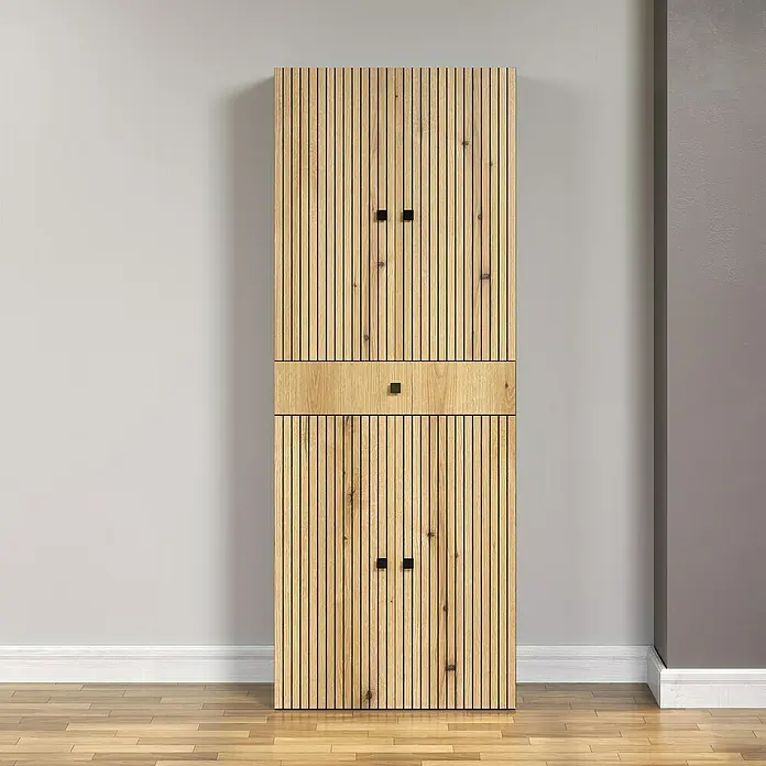 Trendteam Niklas Hochschrank - B x T x H: 70 x 31 x 186 cm, Evoke Eiche/Anthrazit, Strukturiert, Mit Schublade - Holzfarbener Schrank mit Schublade und Türen mit schwarzen Griffen vor einer hellgrauen Wand.