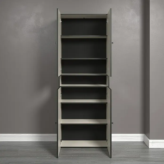Trendteam Niklas Hochschrank - B x T x H: 70 x 31 x 186 cm, Kashmir, Strukturiert, Mit offenem Fach - Grauer Kleiderschrank mit offenen Türen und mehreren Regalen.
