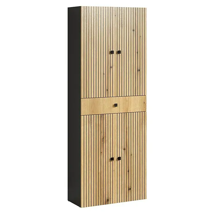 Trendteam Niklas Hochschrank - B x T x H: 70 x 31 x 186 cm, Evoke Eiche/Anthrazit, Strukturiert, Mit Schublade - Hoher Schrank aus hellem Holz mit Lamellentüren, einer Mittelschublade und dunkler Seitenwand.