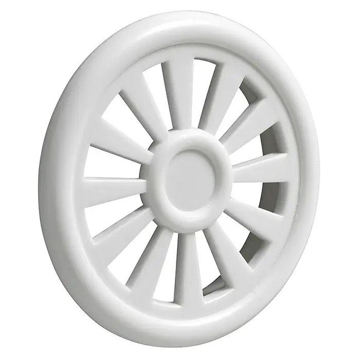 Suki Luftgitter - Durchmesser: 55 mm, Kunststoff - Nahaufnahme eines weißen Zierrades mit Speichen, ideal für dekorative Zwecke. Elegantes Design und saubere Verarbeitung.