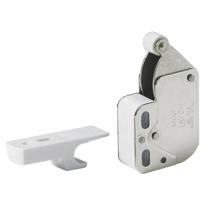 Hettich Schnapphaken - L x B x H: 27 x 11 x 36 mm - Silberfarbener und weißer Push-to-open Minibeschlag mit Rolle und Kunststoff-Gegenplatte.
