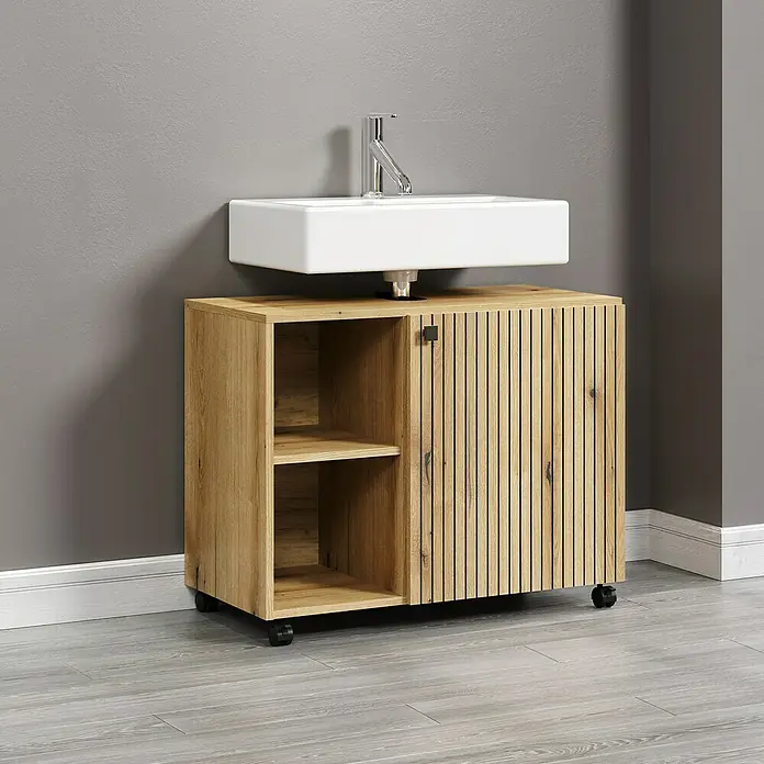 Trendteam Niklas Waschtischunterschrank - B x T x H: 80 x 42 x 64 cm, Evoke Eiche, Strukturiert - Moderner Waschtischunterschrank aus Holz mit weißem Aufsatzwaschbecken und Chromarmatur für ein stilvolles Badezimmer.