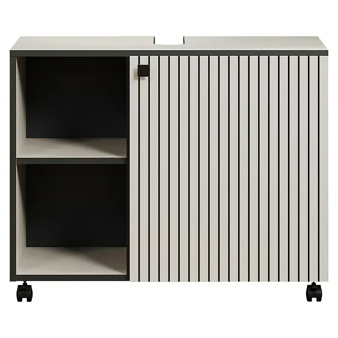 Trendteam Niklas Waschtischunterschrank - B x T x H: 80 x 42 x 64 cm, Kashmir, Strukturiert - Mobiler Aufbewahrungsschrank mit offenen Fächern und einer verschiebbaren Lamellentür, in Hell- und Dunkelgrau.