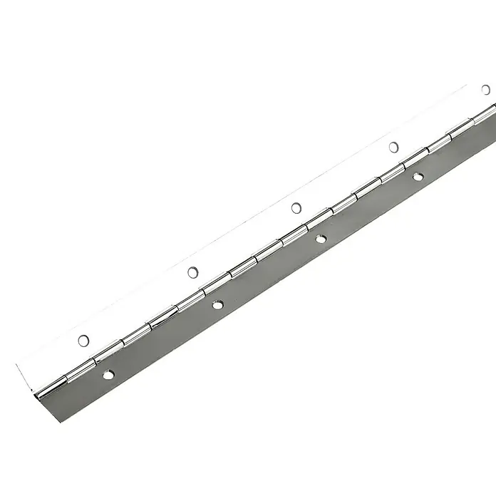 Stabilit Stangenscharnier - L x B x S: 600 x 32 x 0,6 mm, Vernickelt - Nahaufnahme eines langen, schmalen, silbernen Klavierbandes mit gleichmäßig verteilten Befestigungslöchern vor schwarzem Hintergrund.