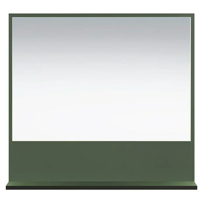 Trendteam Niklas Ablagespiegel - 80 x 14 x 74 cm, Grün - Großer Displayständer mit weißem Bildschirm und dunkelolivgrünem Rahmen und Sockel.