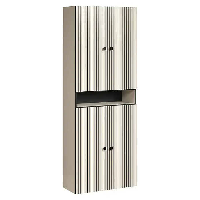 Trendteam Niklas Hochschrank - B x T x H: 70 x 31 x 186 cm, Kashmir, Strukturiert, Mit offenem Fach - Hoher, hellbeiger Lamellenschrank mit schwarzen Griffen und einem mittigen offenen schwarzen Regal.