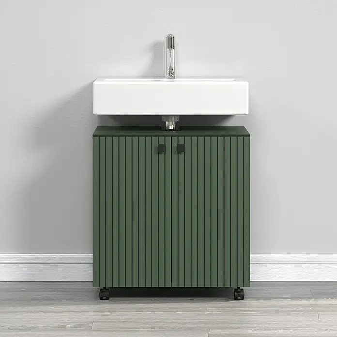 Trendteam Niklas Waschtischunterschrank - B x T x H: 60 x 42 x 64 cm, Grün, Strukturiert - Das Foto zeigt einen Unterschrank mit Waschbecken in Grün und Weiß mit Armatur vor einer grauen Wand.