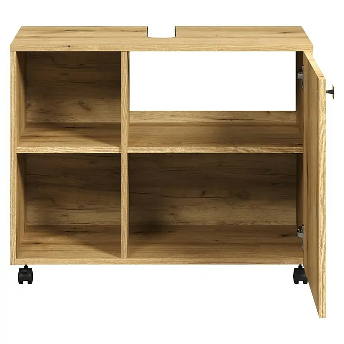 Trendteam Niklas Waschtischunterschrank - B x T x H: 80 x 42 x 64 cm, Evoke Eiche, Strukturiert - Hellbrauner Unterschrank aus Holz mit Regalen und Rollen, eine Tür offen.