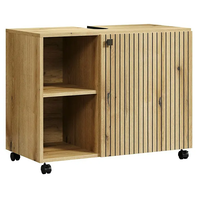 Trendteam Niklas Waschtischunterschrank - B x T x H: 80 x 42 x 64 cm, Evoke Eiche, Strukturiert - Heller Rollcontainer aus Holz mit offenem Fach und Lamellentür, schwarzen Rollen und Griff.