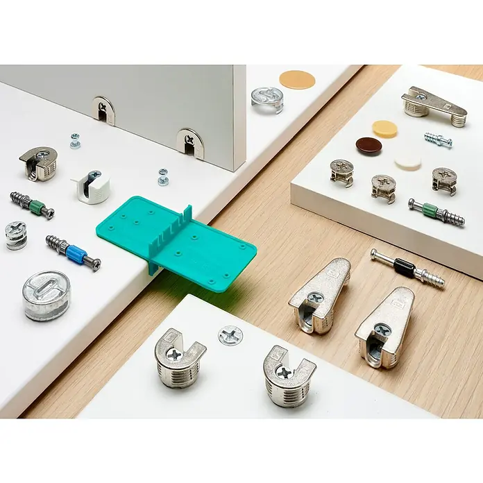 Hettich Bohrschablone - L x B x H: 115 x 95 x 28 mm, Kunststoff - Metall-Möbelverbinder (Exzenter, Schrauben) und Kunststoff-Montagehilfen (Bohrschablone, Abdeckkappen) für Möbelbau.