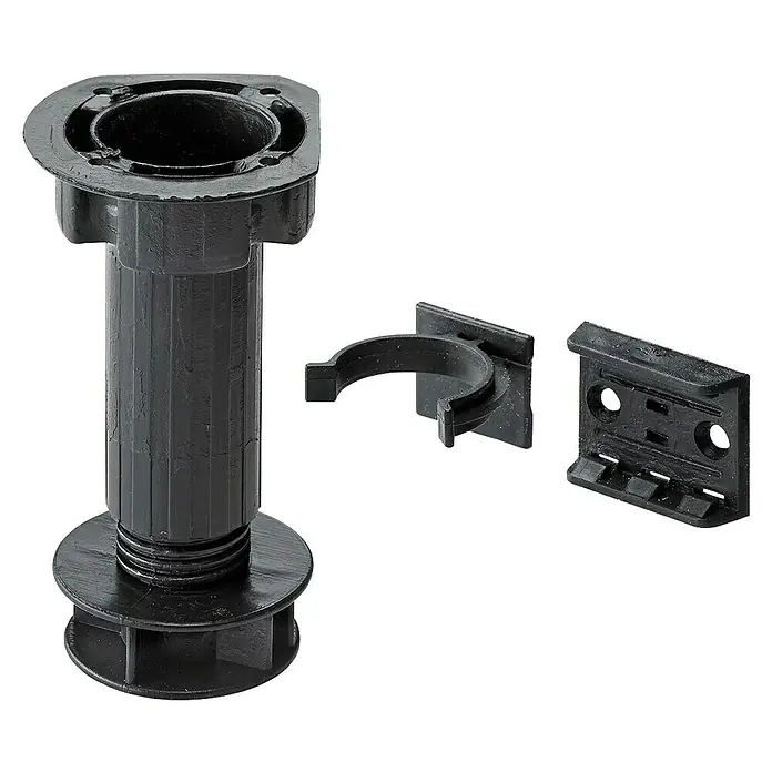 Hettich Sockelverstellfuß - Traglast: 200 kg, Verstellbar: 100 mm - 120 mm, 1 Stk. - Schwarzer verstellbarer Möbelfuß aus Kunststoff mit zwei Befestigungsklammern.