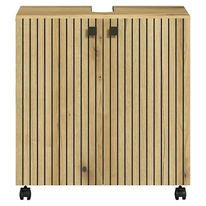 Trendteam Niklas Waschtischunterschrank - B x T x H: 60 x 42 x 64 cm, Evoke Eiche, Strukturiert - Mobiler Schrank aus hellem Holz mit vertikalen Lamellen und schwarzen Griffen.