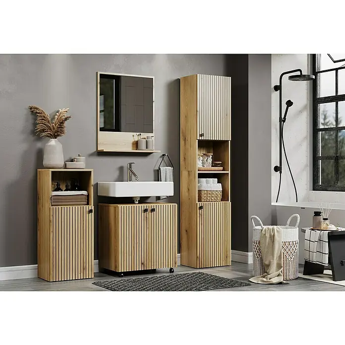 Trendteam Niklas Waschtischunterschrank - B x T x H: 60 x 42 x 64 cm, Evoke Eiche, Strukturiert - Ein modernes Badezimmer-Set mit Waschtisch, Spiegelschrank und Hochschrank in Holzoptik. Stilvolles Design für jedes Badezimmer.