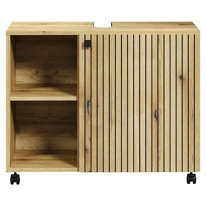Trendteam Niklas Waschtischunterschrank - B x T x H: 80 x 42 x 64 cm, Evoke Eiche, Strukturiert - Helles Holzschränkchen mit zwei offenen Fächern, lamellierter Schiebetür, schwarzem Griff und schwarzen Rollen.