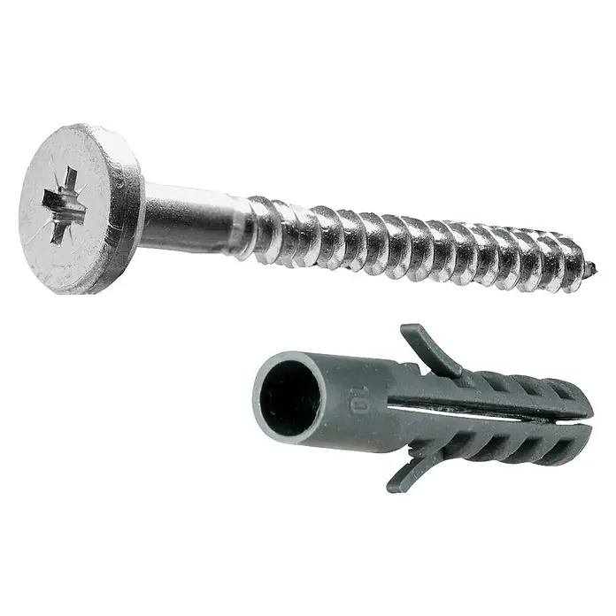 Hettich Befestigungsschraube - Ø x L: 5,5 x 50 mm, 1 Stk. - Silberne Kreuzschlitzschraube und grauer Kunststoffdübel für sichere Wandmontage.