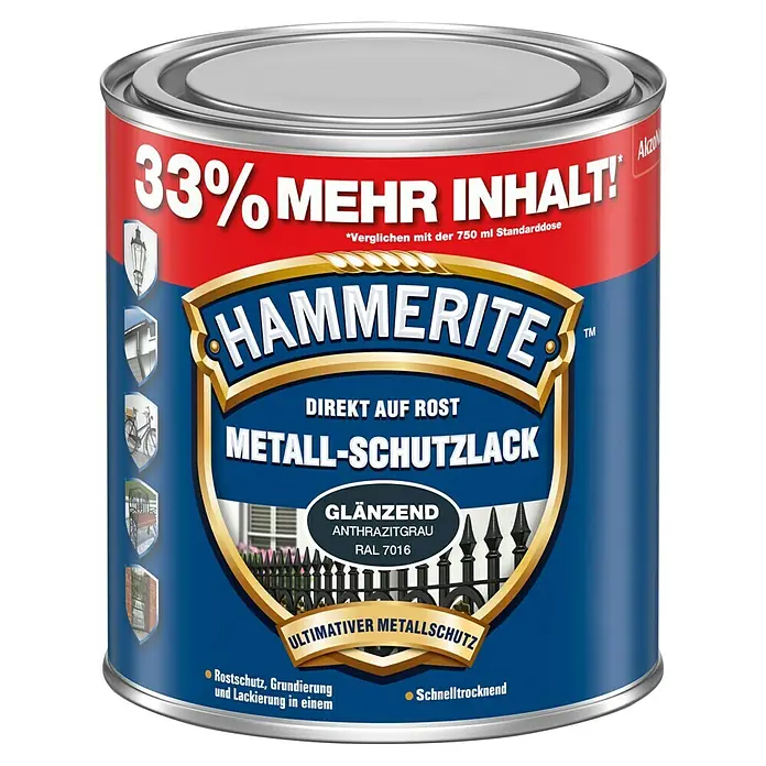 Hammerite Metall-Schutzlack RAL 7016 - Anthrazitgrau, 1 l, Glänzend, Lösemittelbasiert - Farbdose Hammerite Metall-Schutzlack Anthrazitgrau, glänzend. Bietet Rostschutz, Grundierung und Lackierung in einem. Schnelltrocknend für Metalle.