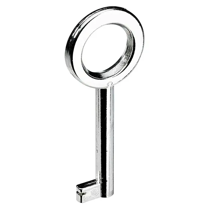 Hettich Buntbartschlüssel - B x L: 4 x 70 mm, Silber, Glänzend - Nahaufnahme eines glänzenden, silbernen Schlüssels mit einem markanten kreisförmigen Griff. Ideal für Schlösser und Tresore.