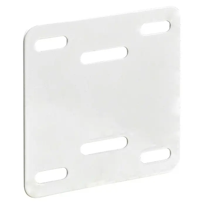 Hettich Montageplatte - L x B x H: 60 x 60 x 0,8 mm, Passend für: Topfscharnier Montageplatten - Weißes Kunststoff-Bettpaneel mit abgerundeten Ecken und länglichen Schlitzen.