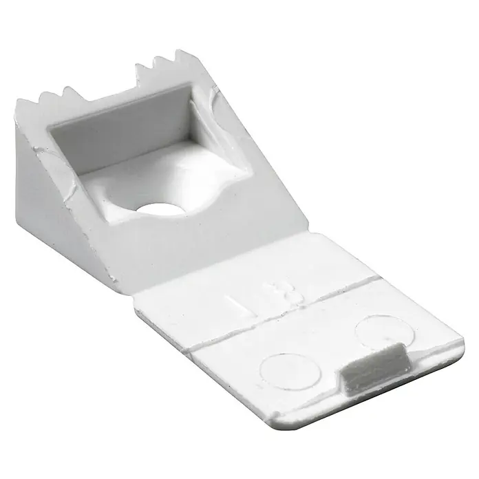 Hettich Winkelverbinder - L x B x H: 16 x 16 x 8 mm, 1 Stk. - Weißer Kunststoff-Keilhalterung mit aufklappbarer Verlängerung, zentralem Schraubloch und gezackter Oberkante.