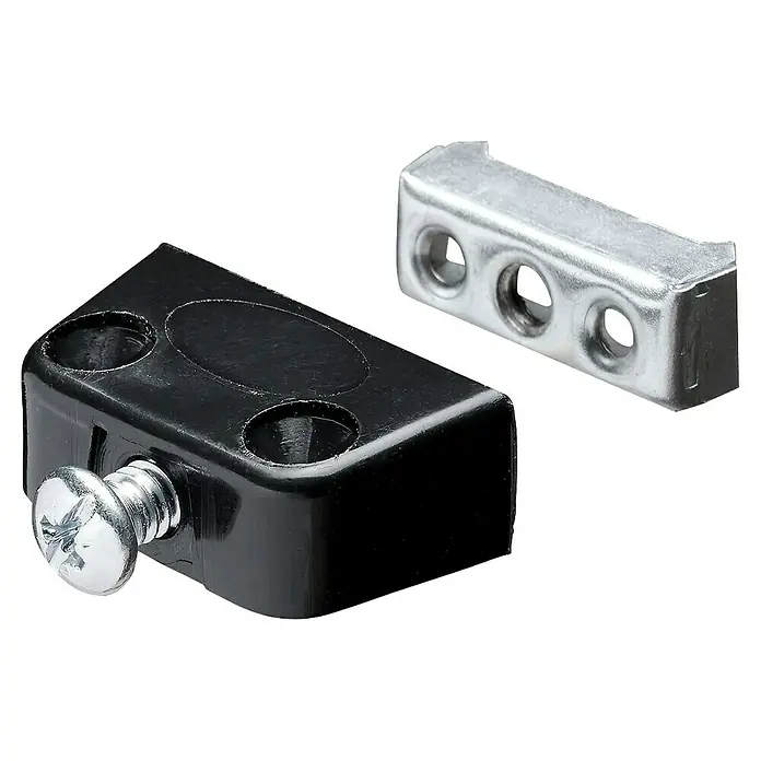 Hettich Elementverbinder - L x B x H: 205 x 40 x 15,8 mm, Schwarz - Zwei elektrische Klemmenblöcke: einer aus schwarzem Kunststoff mit Schraube, einer aus silbernem Metall mit Drahtlöchern.