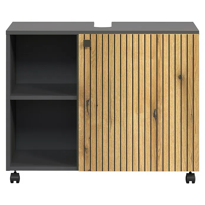 Trendteam Niklas Waschtischunterschrank - B x T x H: 80 x 42 x 64 cm, Evoke Eiche/Anthrazit, Strukturiert - Mobiler grauer Schrank mit zwei offenen Fächern und einer hellen Holzlamellen-Schiebetür.