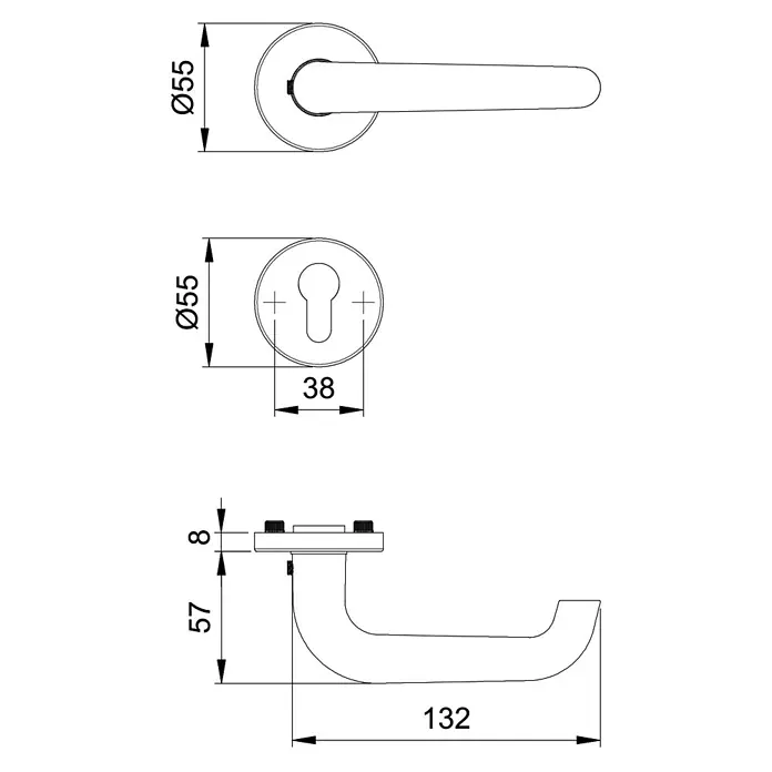 Schutzbeschlag - Hauseingangstür, Aluminium, Profilzylinder PZ, Stärke Tür: 35 mm - 45 mm, Farbe: Stahlgrau - Technische Zeichnung eines Türgriffs mit Maßangaben zu Durchmesser, Höhe und Länge.