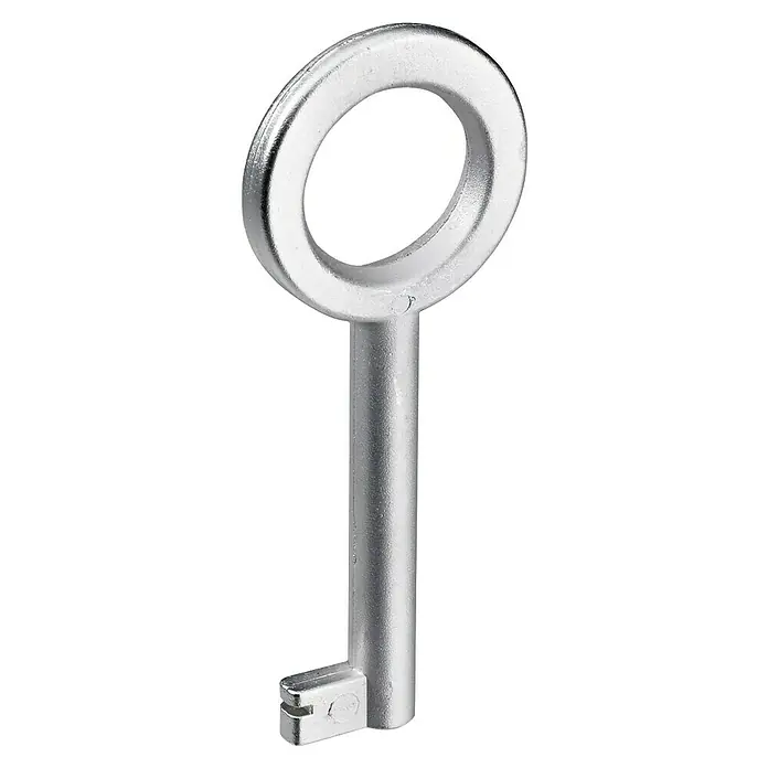 Hettich Buntbartschlüssel - B x L: 4 x 70 mm, Silber, Matt - Nahaufnahme eines silberfarbenen Metallschrankschlüssels mit rundem Griff und gezahntem Bart vor schwarzem Hintergrund.