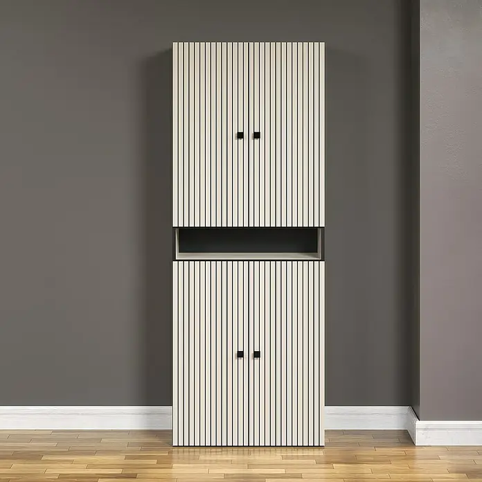 Trendteam Niklas Hochschrank - B x T x H: 70 x 31 x 186 cm, Kashmir, Strukturiert, Mit offenem Fach - Ein moderner, weißer Schrank mit schwarzen Griffen steht vor einer grauen Wand und bietet stilvollen Stauraum.