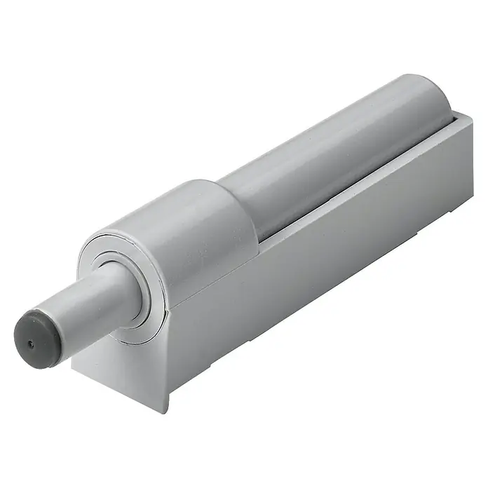 Hettich Möbeltürdämpfer - 1 Stk., Vorliegend - Helles graues Push-to-Open Türdämpfer oder Schubladenstopper mit ausfahrbarem Stößel und dunkelgrauer Spitze, in rechteckigem Gehäuse.