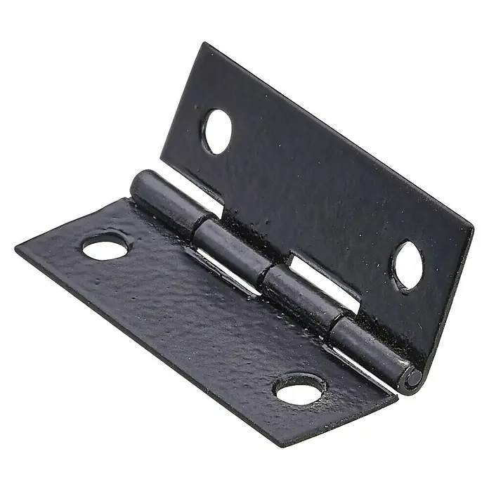 Hettich Scharnier - L x B x S: 25 x 18 x 0,8 mm, Stahl, Schwarz - Nahaufnahme eines schwarzen Scharniers mit Befestigungslöchern. Ideal für Möbel und DIY-Projekte, robust und langlebig.