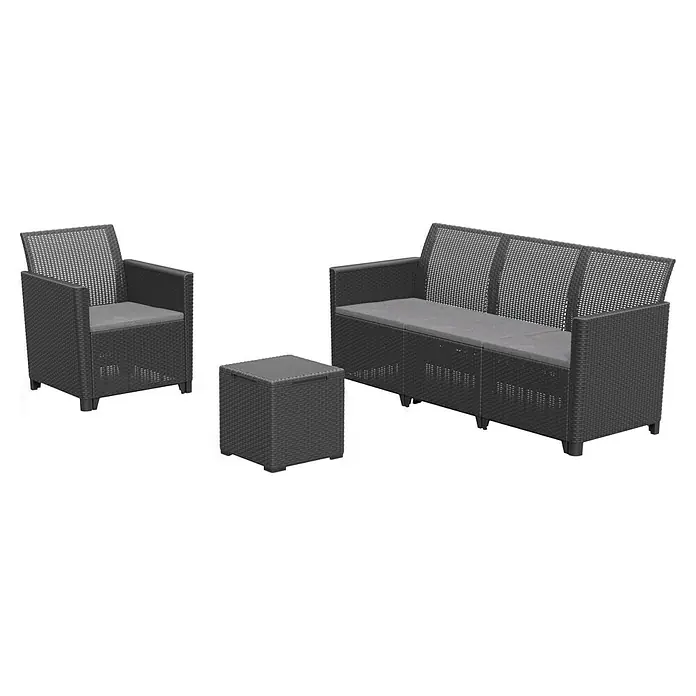 Keter Conjunto de muebles Marie - 3 pzs., Polipropileno, Negro - Conjunto de muebles de jardín de poliratán con sillón, banco y mesa, perfecto para relajarse al aire libre. Elegante y resistente a la intemperie.