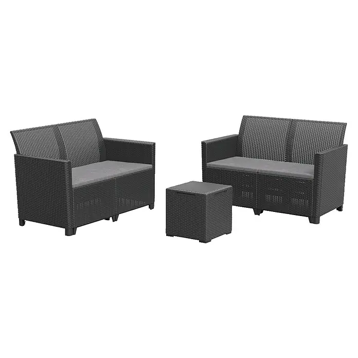 Keter Conjunto de muebles Marie - 3 pzs., Polipropileno, Negro - Elegante conjunto de muebles de jardín de ratán negro con cojines y una pequeña mesa auxiliar, ideal para relajarse al aire libre.