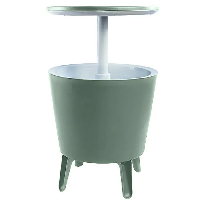 Keter Nevera Cool Bar - L x An x Al: 49,5 x 49,5 x 84,5 cm, Verde/Blanco - Una mesa alta verde con un recipiente de refrigeración integrado y una mesa redonda, ideal para fiestas y eventos.
