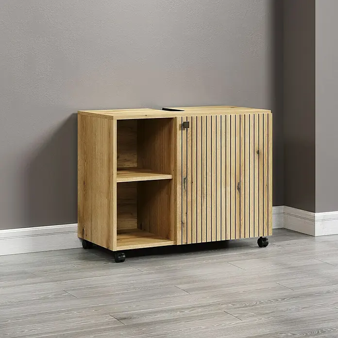 Trendteam Niklas Waschtischunterschrank - B x T x H: 80 x 42 x 64 cm, Evoke Eiche, Strukturiert - Ein moderner, hölzerner Aktenschrank mit offenem Regal und Schranktüren, der auf Rollen steht und Stauraum bietet.