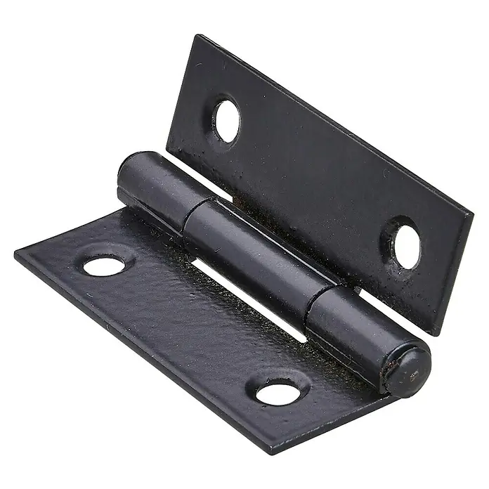 Hettich Scharnier - L x B x S: 30 x 19 x 1 mm, Stahl, Schwarz - Schwarzes Türscharnier mit zwei rechteckigen Platten und einer dreiteiligen Rollenverbindung, ideal für Möbel.