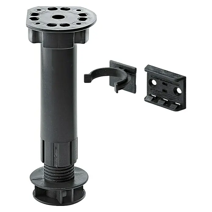 Hettich Sockelverstellfuß - Traglast: 200 kg, Verstellbar: 150 mm - 170 mm, 1 Stk. - Dunkelgraues verstellbares Kunststoffmöbelbein mit zwei passenden Befestigungsklammern.