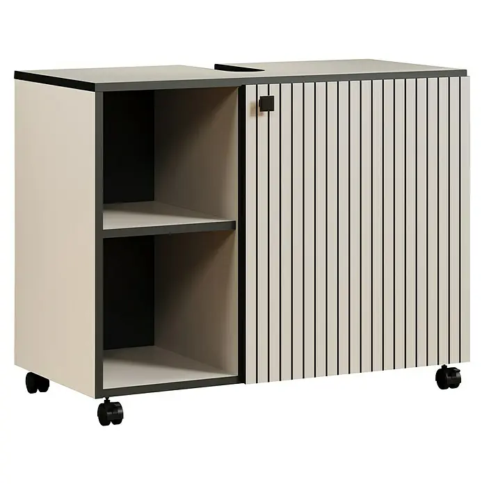 Trendteam Niklas Waschtischunterschrank - B x T x H: 80 x 42 x 64 cm, Kashmir, Strukturiert - Mobiler Aufbewahrungsschrank mit offenen Regalen und Lamellen-Schiebetür in Hellbeige und Dunkelgrau, auf Rollen.