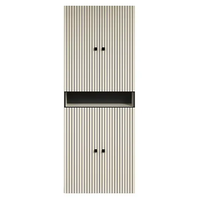Trendteam Niklas Hochschrank - B x T x H: 70 x 31 x 186 cm, Kashmir, Strukturiert, Mit offenem Fach - Cremefarbener Lamellenschrank mit schwarzen Griffen und offener schwarzer Mittelablage.