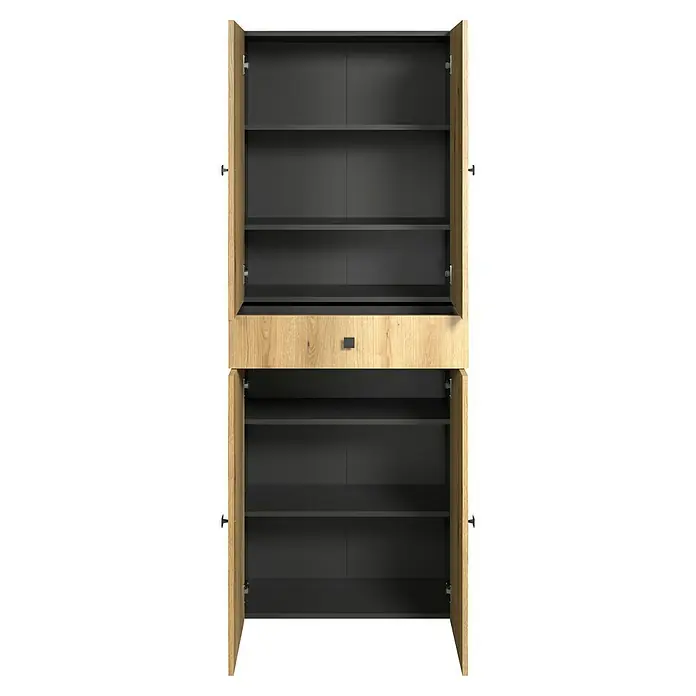 Trendteam Niklas Hochschrank - B x T x H: 70 x 31 x 186 cm, Evoke Eiche/Anthrazit, Strukturiert, Mit Schublade - Hoher Schrank mit heller Holzfront, dunklen Regalböden und Schublade, Türen geöffnet.