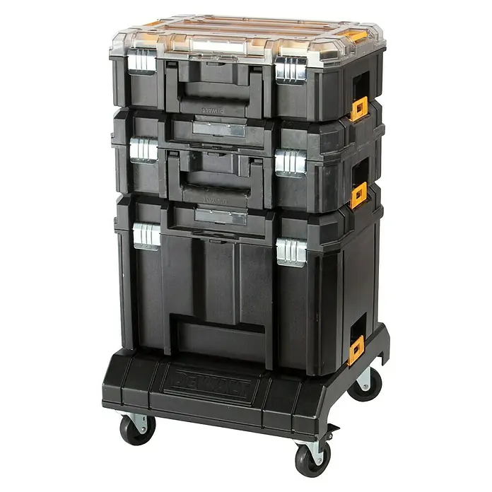 DeWalt T-STAK Transportroller - L x B x H: 44 x 33 x 18,1 cm, Kunststoff, Traglast: 100 kg - Schwarzes, stapelbares DEWALT Werkzeugsystem aus Kunststoff mit klarem Deckel und Rollwagen.