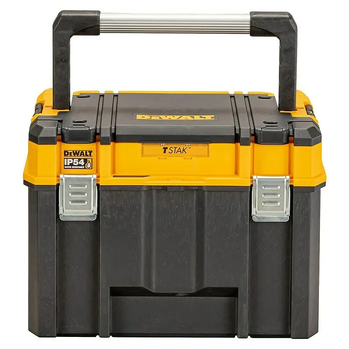 DeWalt T-STAK Caja para herramientas DWST83343-1 - L x An x Al: 33,3 x 44 x 32,3 cm, Plástico, Capacidad de carga: 30 kg - Caja de herramientas móvil DeWalt TSTAK amarilla y negra con asa telescópica, cierres metálicos y resistencia al agua IP54.