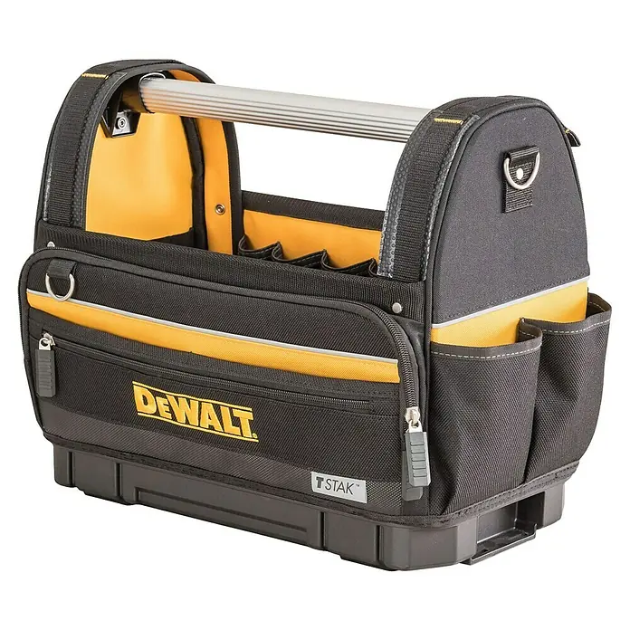 DeWalt T-STAK Werkzeugtasche - L x B x H: 25 x 45 x 35 cm, Textil, Traglast: 30 kg - Schwarze und gelbe DeWalt TSTAK Werkzeugtasche mit offenem Verdeck, Metallgriff, mehreren Taschen und harter Basis.