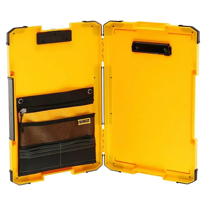 DeWalt T-STAK Portapapeles DWST82732-1 - L x An x Al: 28,5 x 41,3 x 32 cm, Plástico, Luz LED - Portapapeles y organizador de herramientas DeWalt T-STAK abierto, amarillo y negro, con bolsillos de tela, bolsa de malla y clip.