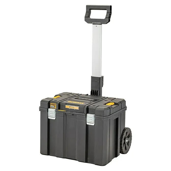 DeWalt T-STAK Aufbewahrungs- & Transportbox - L x B x H: 43,5 x 51,2 x 63,5 cm, Polypropylen, Traglast: 50 kg - Abbildung einer schwarzen DeWalt TSTAK Werkzeugkiste mit Rädern und ausziehbarem Griff für einfachen Transport von Werkzeugen.