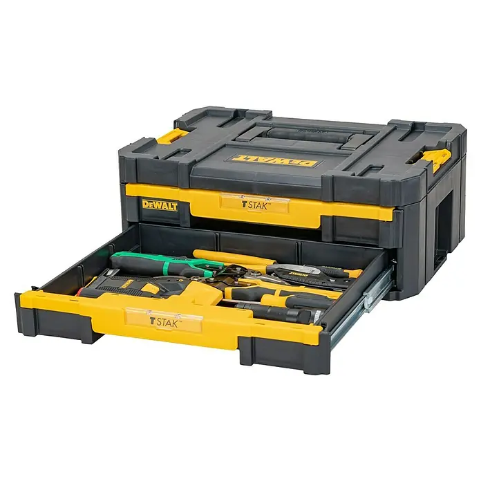 DeWalt T-STAK Werkzeugkasten IV - L x B x H: 44 x 18 x 31 cm, Kunststoff, Traglast: 7,5 kg - Schwarz-gelbe DeWalt TSTAK Werkzeugkiste mit geöffneter Schublade, die Handwerkzeuge zeigt.