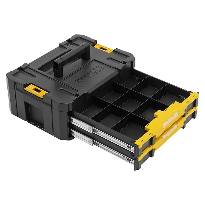 DeWalt T-STAK Caja para herramientas II - L x An x Al: 44 x 18 x 31 cm, Plástico, Capacidad de carga: 7,5 kg - Caja de herramientas DeWalt negra con detalles amarillos, con dos cajones abiertos y compartimentos.
